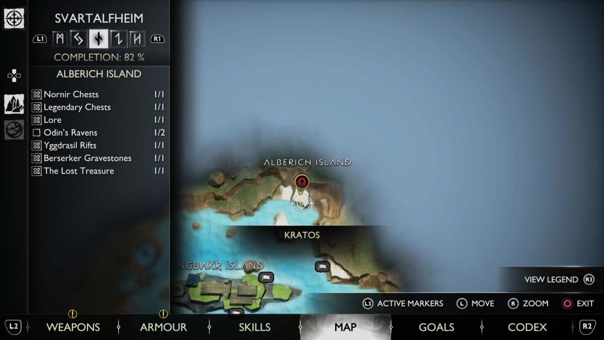 A map for Odin's Raven on Alberich Island in God of War Ragnarok.